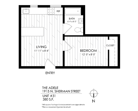 Floor plan for 1 bed, 1 bath, 380 sqft